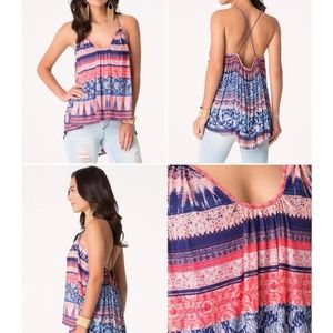 Bebe "Printed Crissback Mesh Tank," L